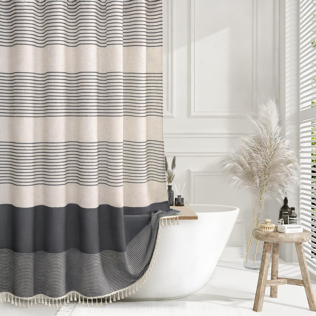 Navy Blue Coastal Ocean Linen Striped Shower Curtain with Tassel 72W X 72L