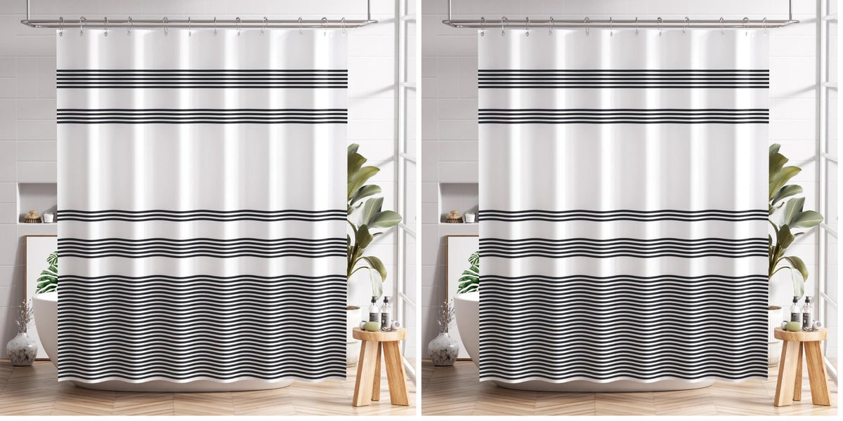 AmazerBath Shower Curtain, Washable Cloth Black Shower Curtain Sets with 12 Shower Curtain Hooks, Fabric Rustic Black and White Striped Curtain, Farmhouse Bathroom Curtains, 72x72 Inches