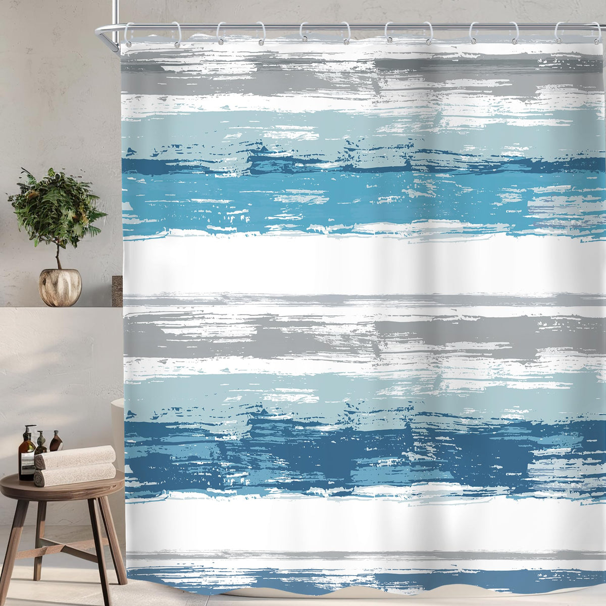 Abstract Blue Modern Gray Striped Minimalist Bathroom Shower Curtain Set