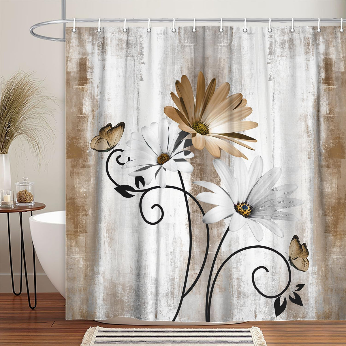 Rustic Farmhouse Shower Curtain, Farm Tan Cream Daisy Floral Flowers and Butterfly on Country Wooden Shower Curtains for Bathroom, Beige Brown Home Decor with 12PCS Hooks, 70X70IN
