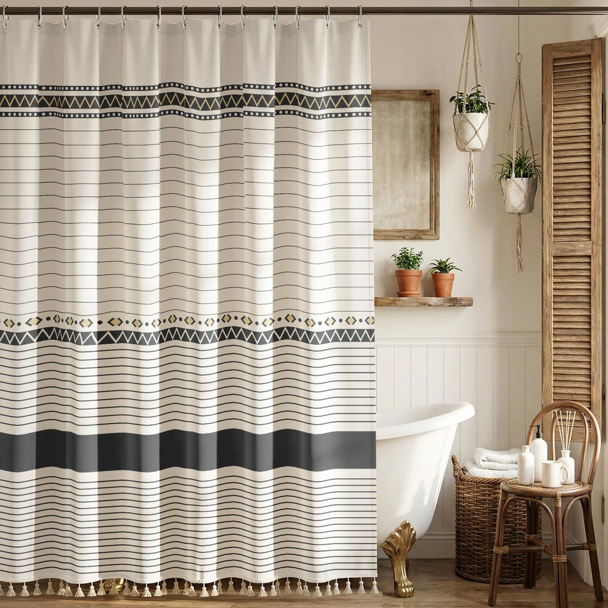 Vintage Green Striped Shower Curtain with 12 Clear Rings - 72" W x 84" L