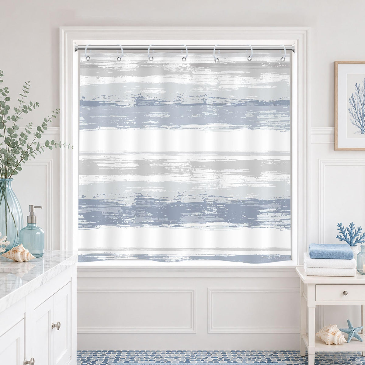 Abstract Blue Modern Gray Striped Minimalist Bathroom Shower Curtain Set