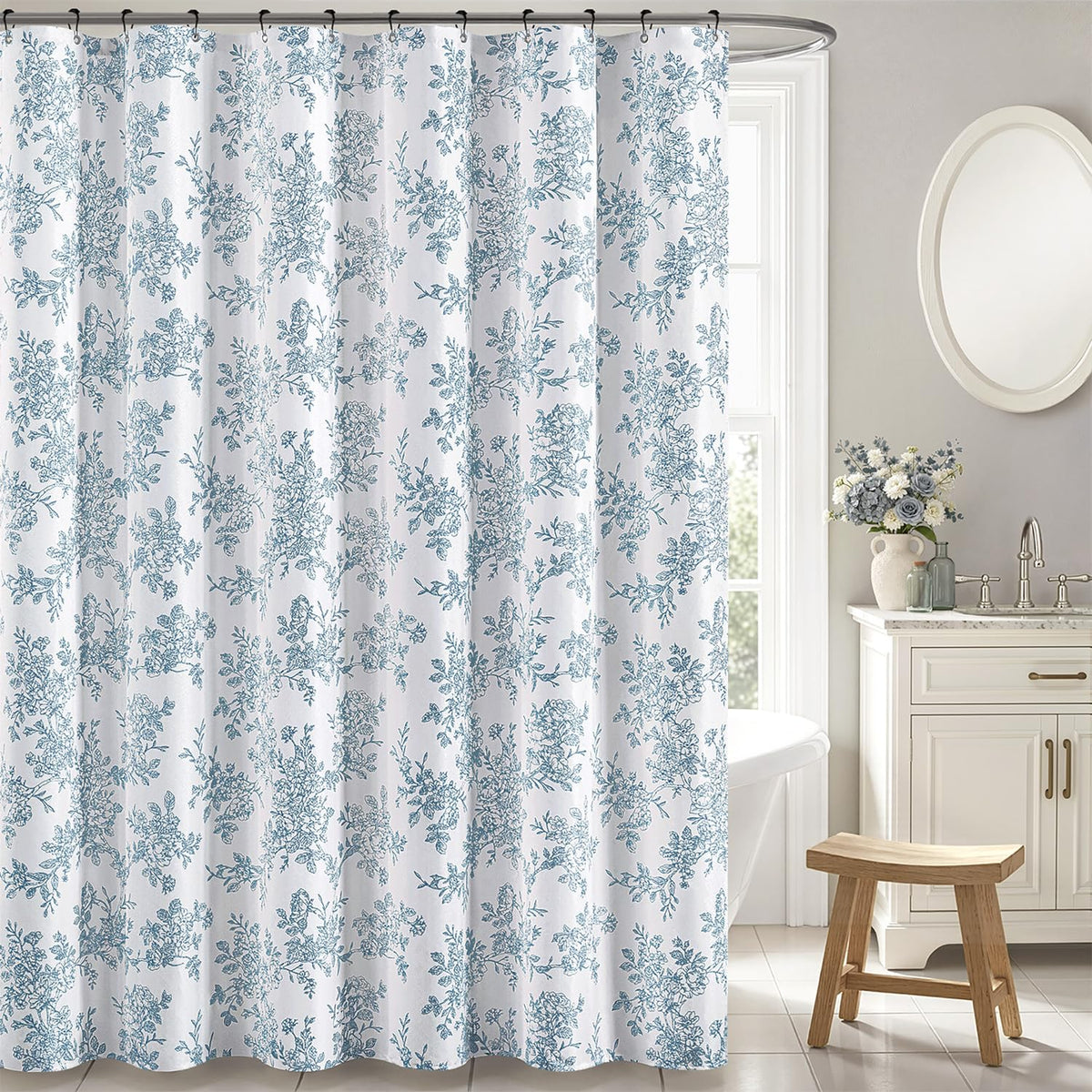 Linen Blue Floral Toile Shower Curtain W72*L72 Inches Long