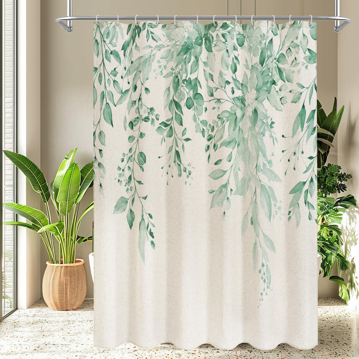 Gibelle SageGreen Linen Eucalyptus Shower Curtain, Watercolor Floral, 72x72