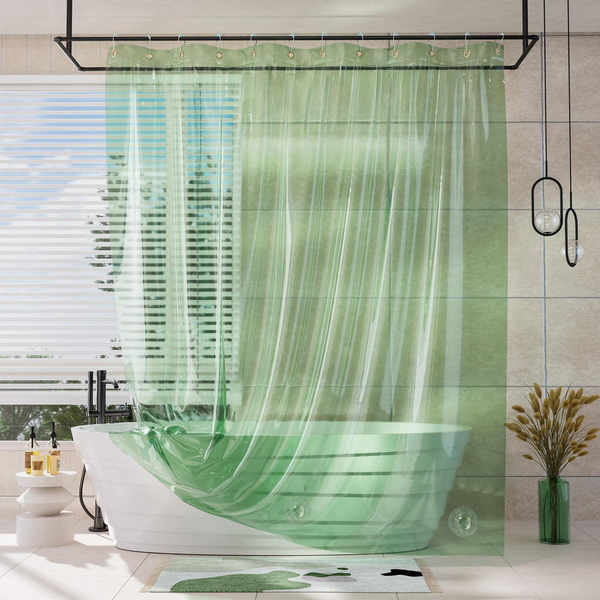 AmazerBath Shower Curtain Liner for Summer, 100% EVA Clear Green Heavy Duty Luxury Shower Curtain and Liner 2-in-1, 72x72 Plastic Weighted Shower Liner, 12 Rustproof Grommets & 3 Heavyweight Stones