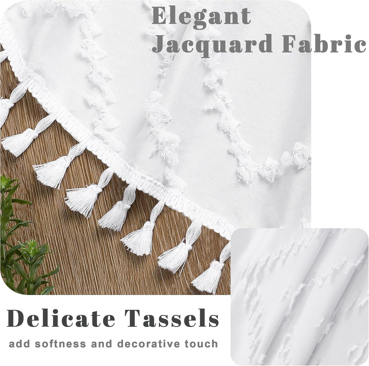 OWENIE Boho Shower Curtain, White Fabric Cloth Shower Curtains Farmhouse Tufted Chevron Striped Textured with Tassel for Bathroom, Soft Hotel Style Modern Minimalist, Machine Washable, 72x72, White