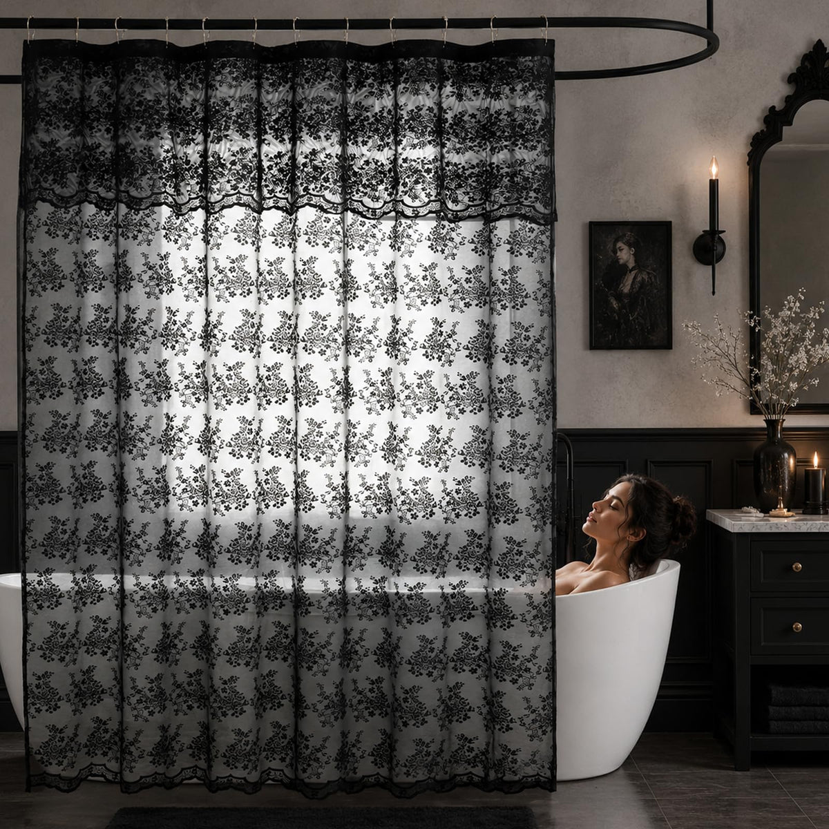 TUDECO Pink Lace Shower Curtain with Attached Valance, 72x72 Inch, 1 Panel