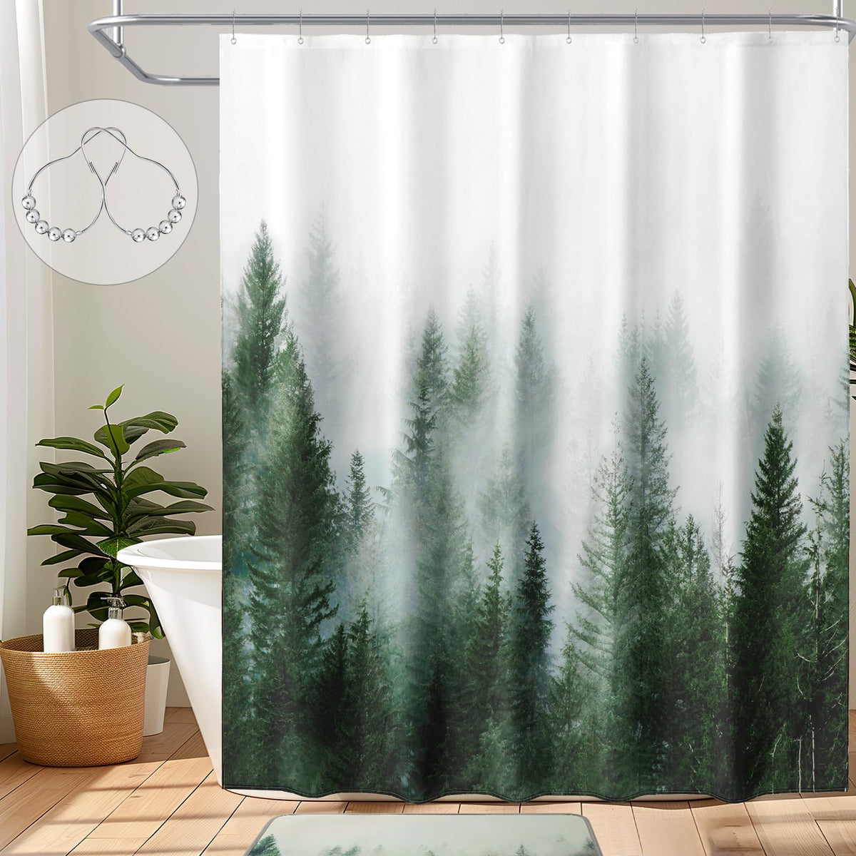 ORTIGIA Black and White Misty Forest Shower Curtain for Bathroom, Nature Woodland Curtain Set with Hooks, Decorative Pine Tree Fog Magic Bath Decor for Home Weighted, 72x72