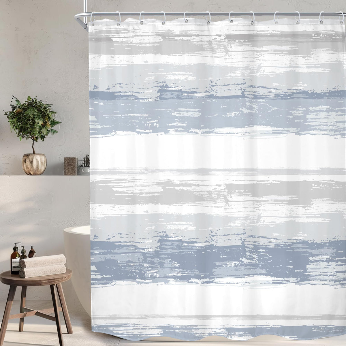 Abstract Blue Modern Gray Striped Minimalist Bathroom Shower Curtain Set