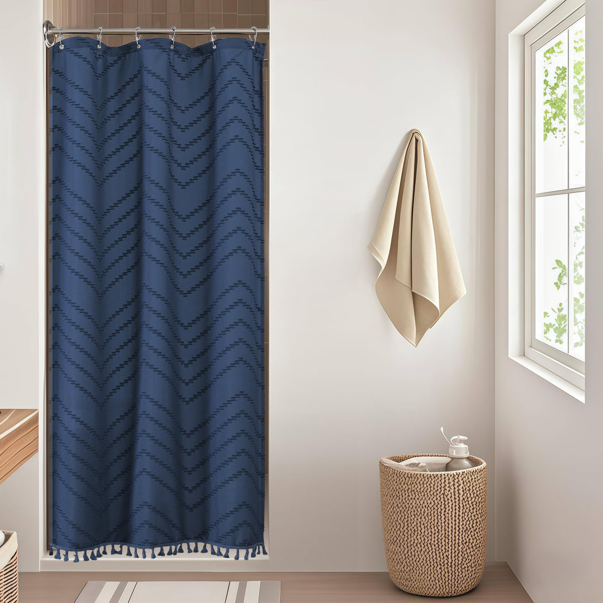 OWENIE Boho Shower Curtain, White Fabric Cloth Shower Curtains Farmhouse Tufted Chevron Striped Textured with Tassel for Bathroom, Soft Hotel Style Modern Minimalist, Machine Washable, 72x72, White