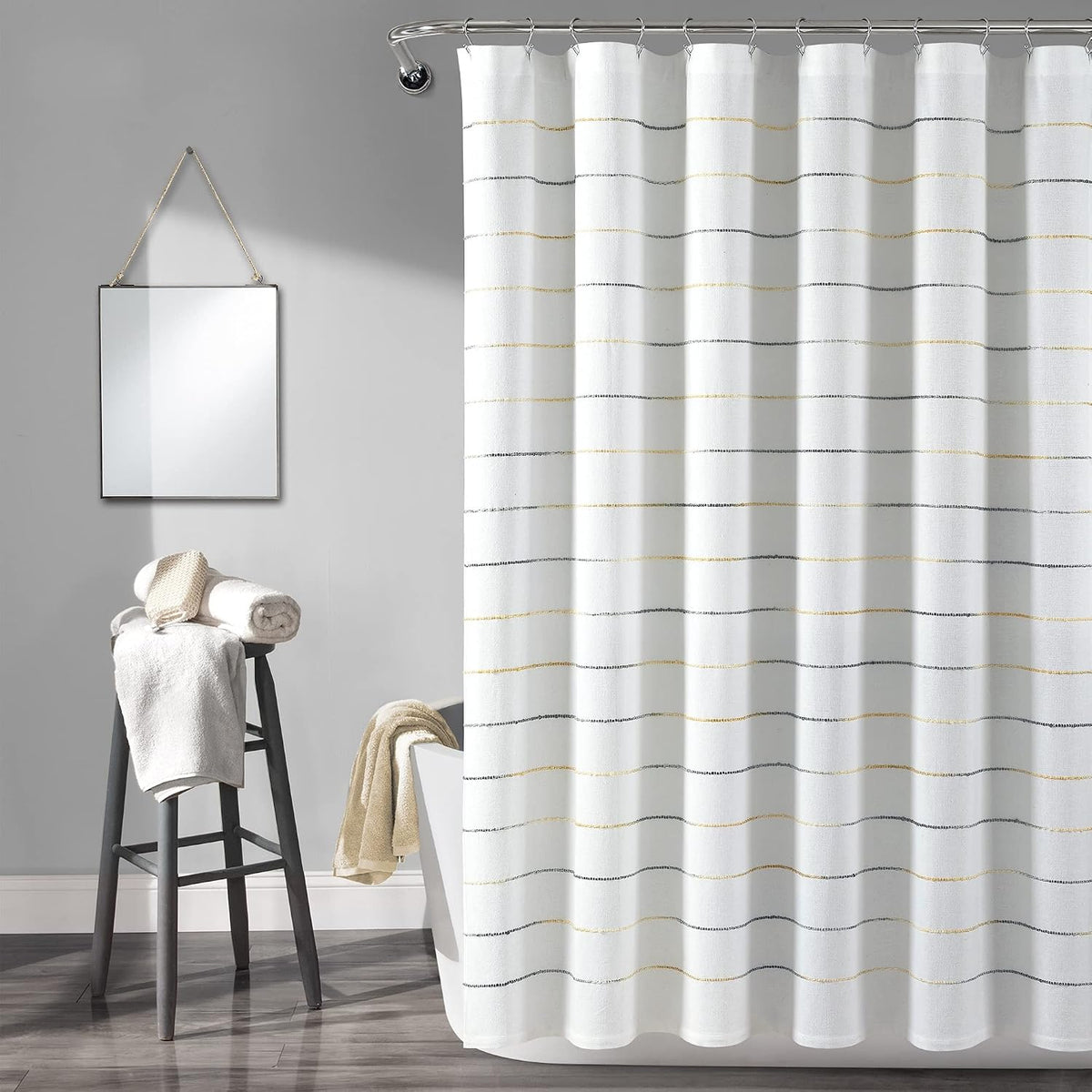Lush Decor Ombre Stripe Yarn Dyed Cotton Shower Curtain, 72" W x 72" L, Navy & Multi - Fabric Shower Curtains - Striped Bathroom Curtain - Farmhouse & Coastal Decor