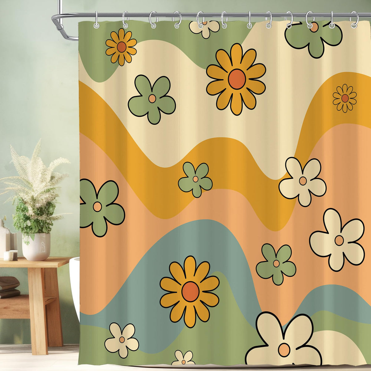 Black Cute Retro Floral Abstract 70s Aesthetic 72W*72H Inch Shower Curtain