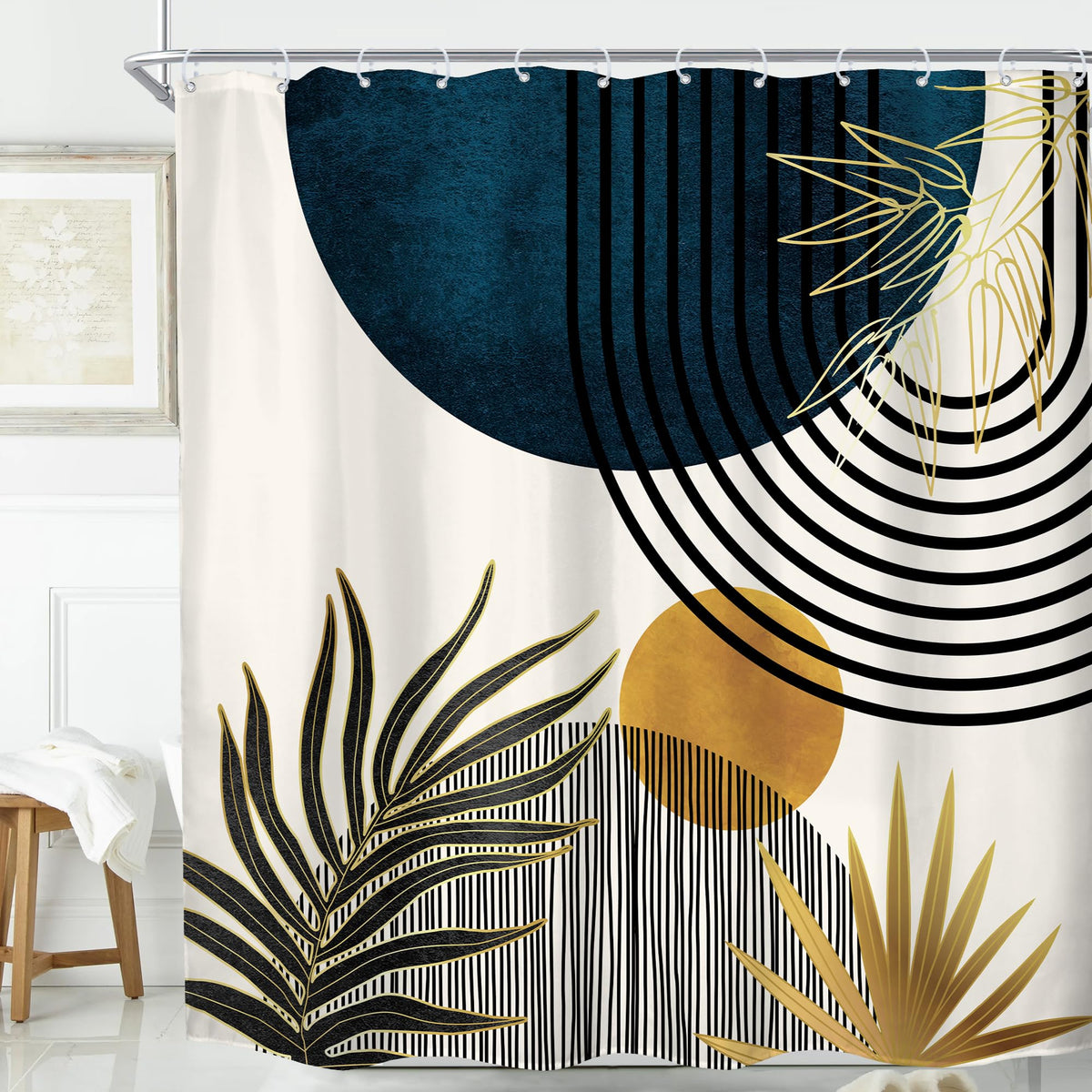 KOMLLEX Mid Century Green Boho Shower Curtain, Abstract Modern Shower Curtains for Bathroom, Plant Botanical Minimalist Leaf Arch Sun Fabric Liner Waterproof Polyester 12 Pack Hooks 60Wx72L Inches