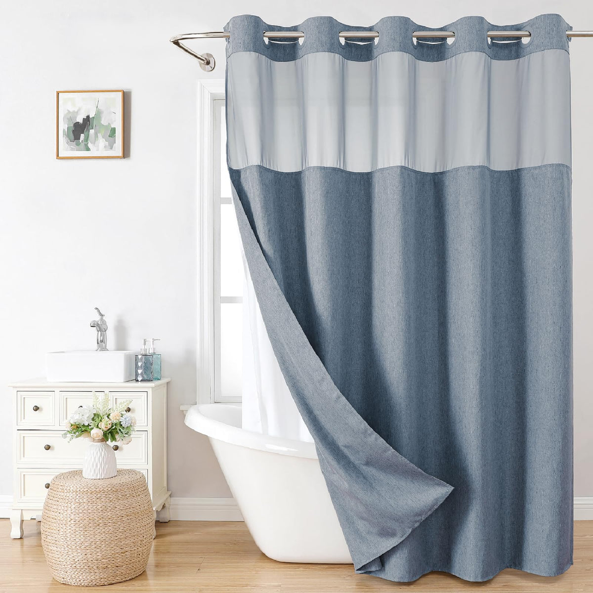 Eachope No Hooks Polyester Textured Shower Curtain with Snap-in Fabric Liner Set, Hotel Luxury Decor Shower Curtains for Bathroom with See Through Top Window, Waterproof & Washable, 71Wx74H, Cream