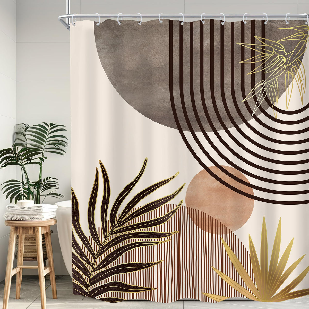 KOMLLEX Mid Century Green Boho Shower Curtain, Abstract Modern Shower Curtains for Bathroom, Plant Botanical Minimalist Leaf Arch Sun Fabric Liner Waterproof Polyester 12 Pack Hooks 60Wx72L Inches