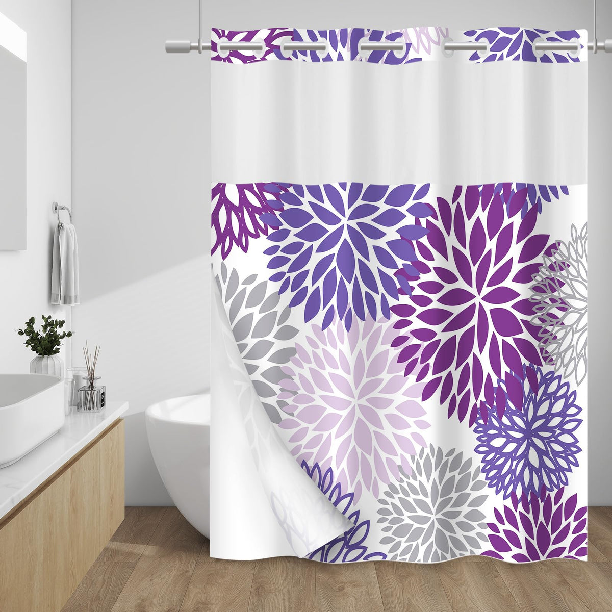 WITHLOC Hook Free Floral Shower Curtain with Liner, Blue Beige, 71x74