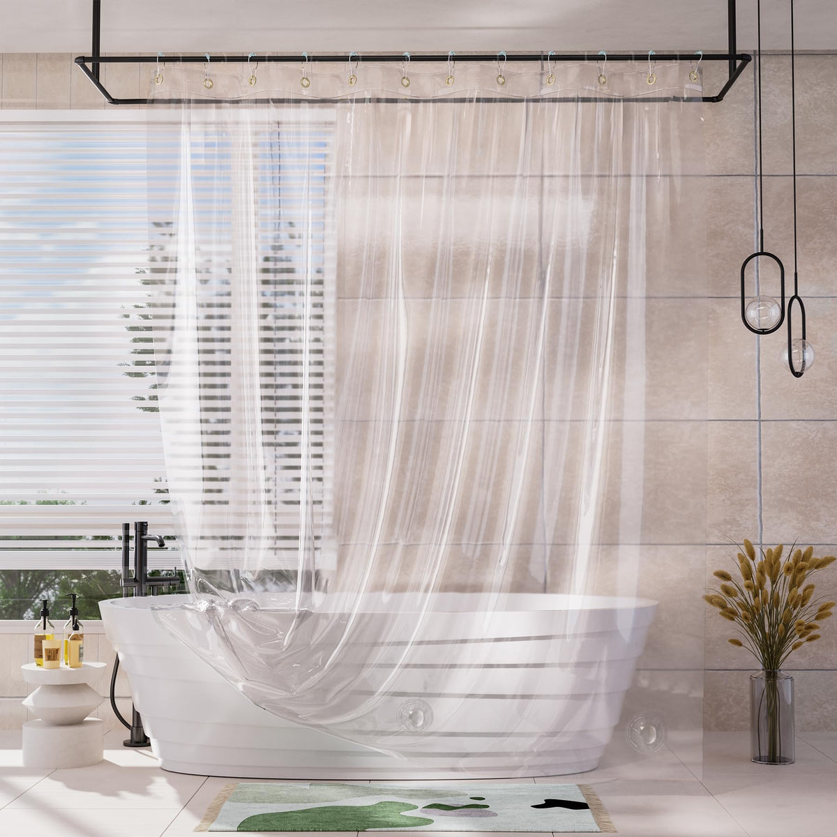 AmazerBath Shower Curtain Liner for Summer, 100% EVA Clear Green Heavy Duty Luxury Shower Curtain and Liner 2-in-1, 72x72 Plastic Weighted Shower Liner, 12 Rustproof Grommets & 3 Heavyweight Stones