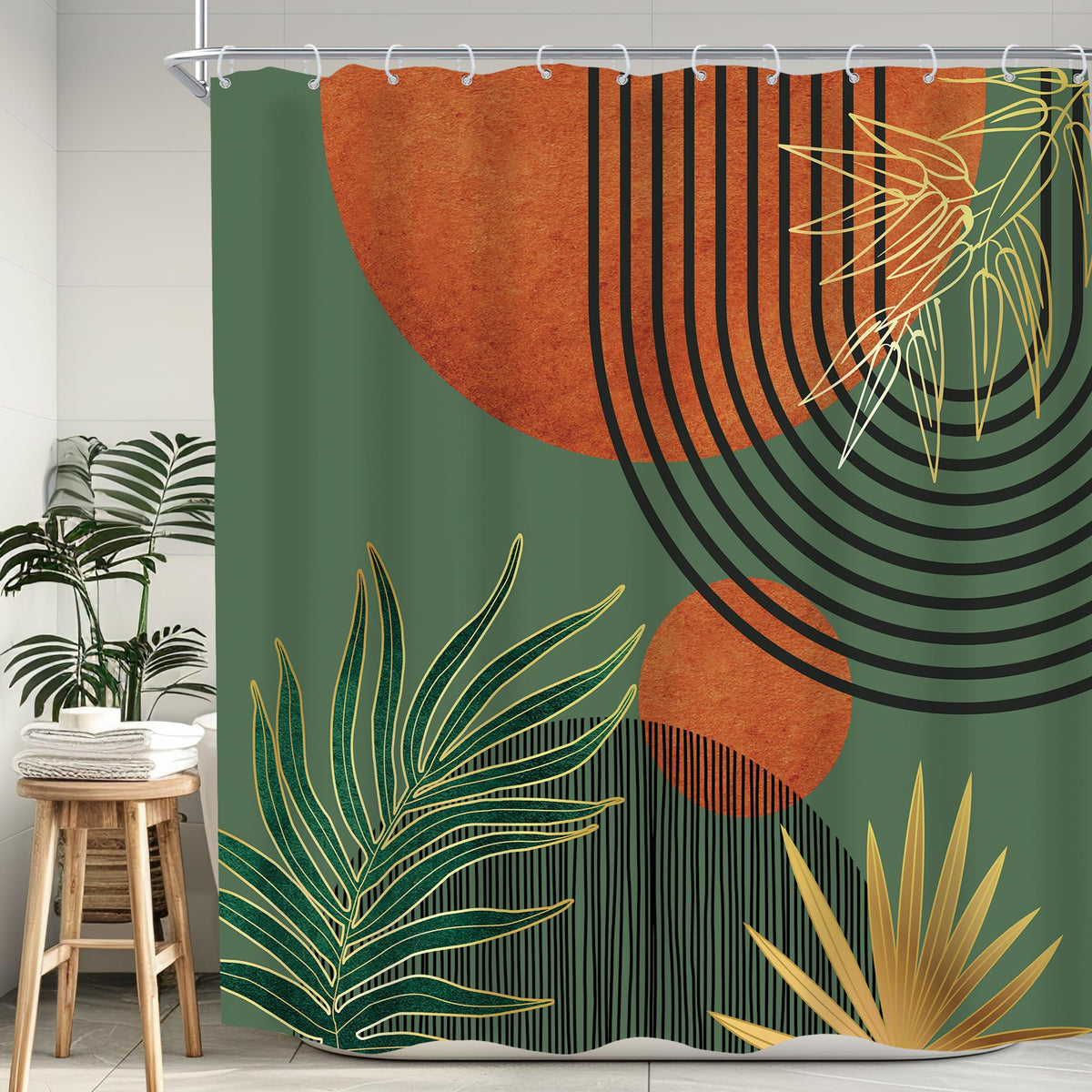 KOMLLEX Mid Century Green Boho Shower Curtain, Abstract Modern Shower Curtains for Bathroom, Plant Botanical Minimalist Leaf Arch Sun Fabric Liner Waterproof Polyester 12 Pack Hooks 60Wx72L Inches