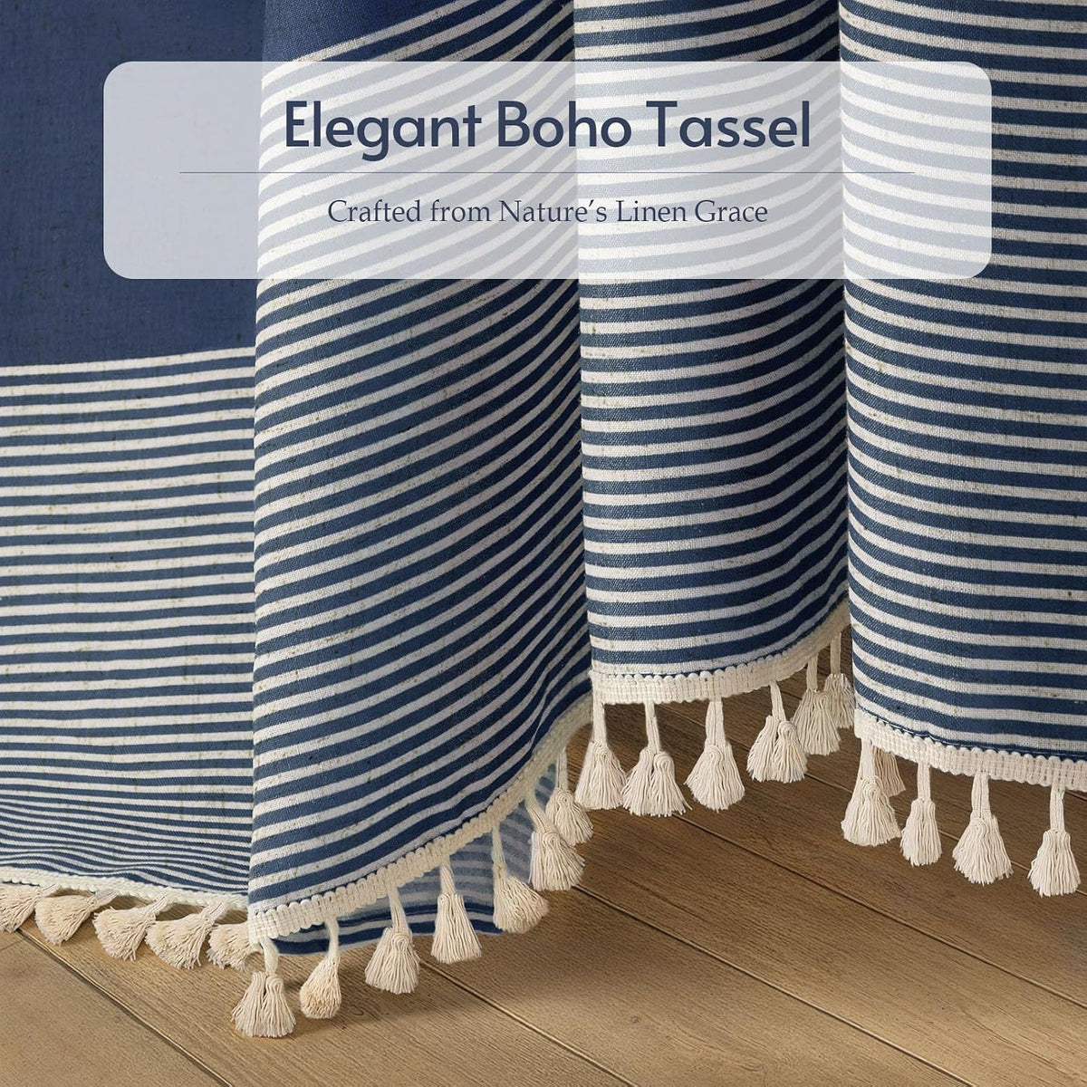 Navy Blue Coastal Ocean Linen Striped Shower Curtain with Tassel 72W X 72L