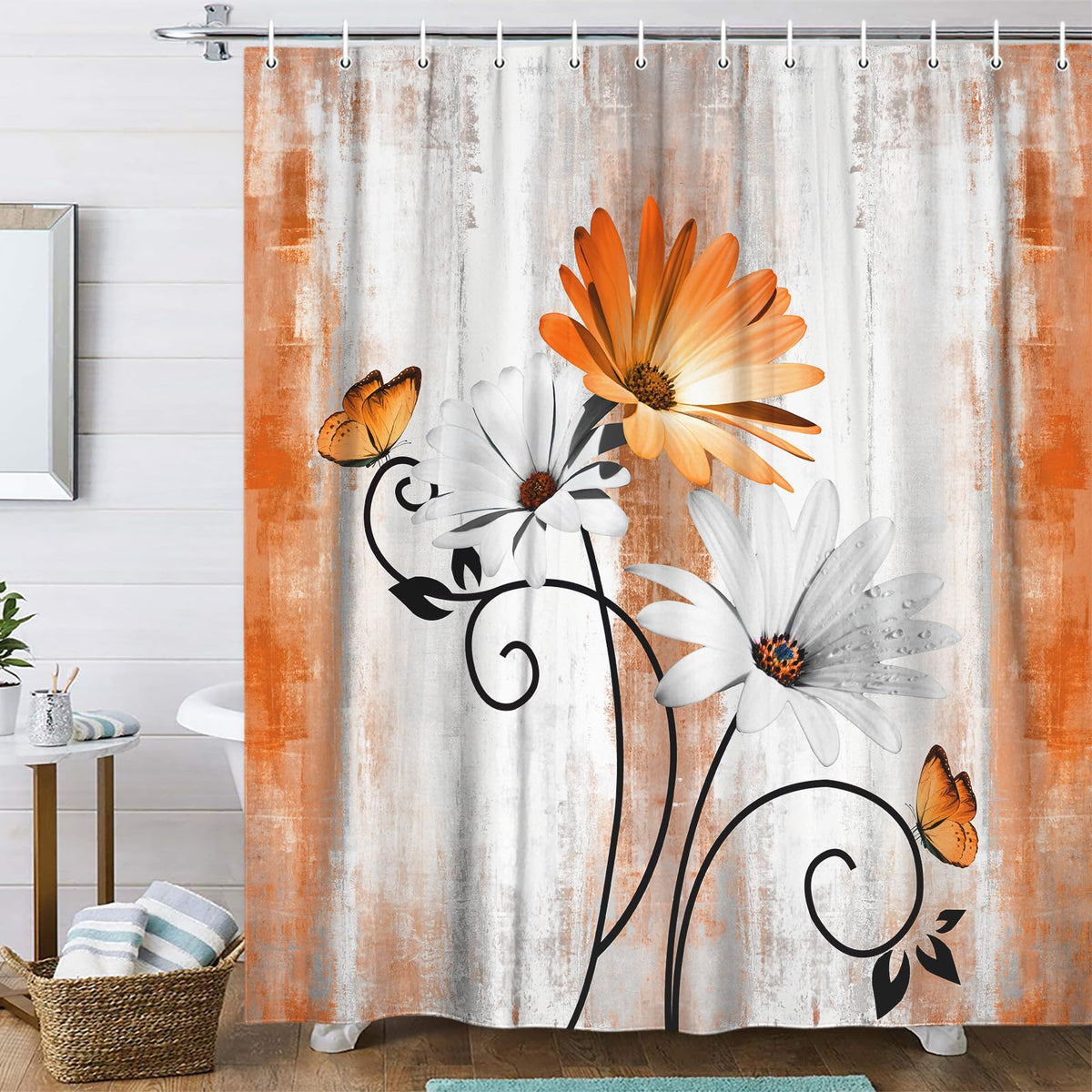 Rustic Farmhouse Shower Curtain, Farm Tan Cream Daisy Floral Flowers and Butterfly on Country Wooden Shower Curtains for Bathroom, Beige Brown Home Decor with 12PCS Hooks, 70X70IN