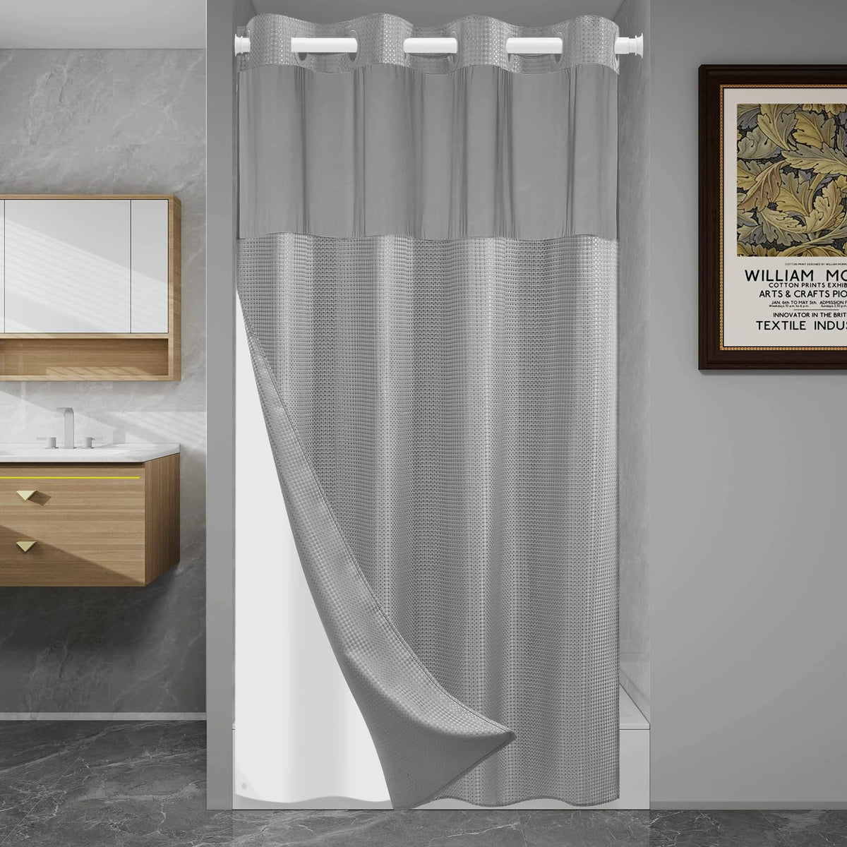 SORTTO Ringless Waffle Shower Curtain with Snap in Liner Set, 71x74, Grey