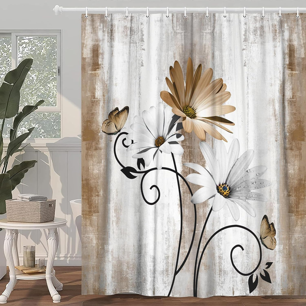 Rustic Farmhouse Shower Curtain, Farm Tan Cream Daisy Floral Flowers and Butterfly on Country Wooden Shower Curtains for Bathroom, Beige Brown Home Decor with 12PCS Hooks, 70X70IN