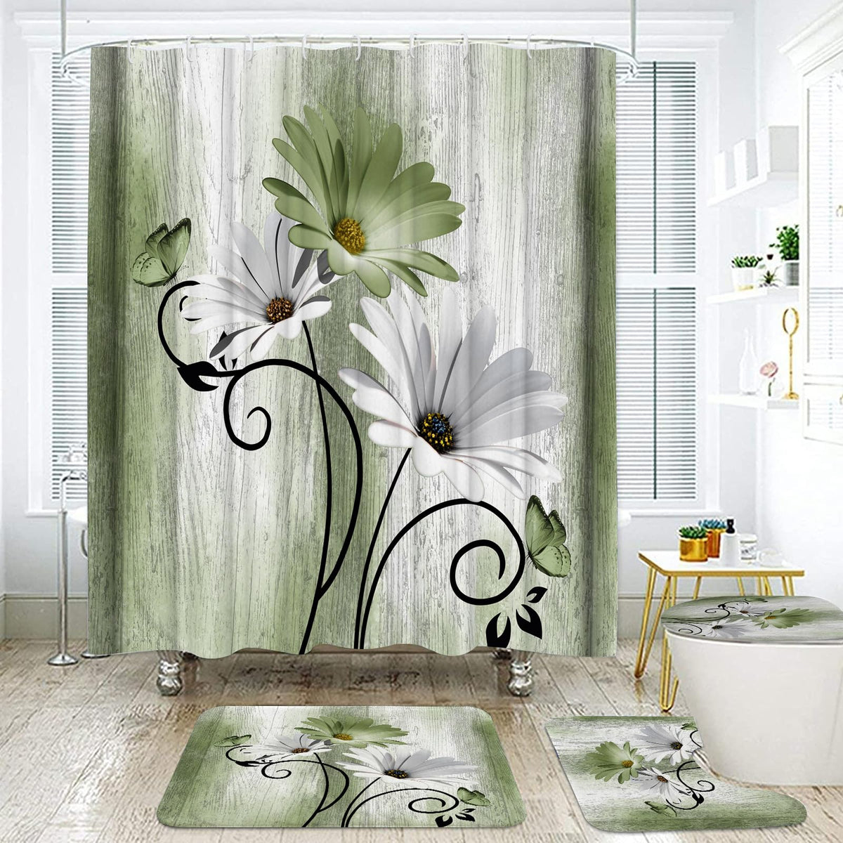Onalasyc 4PCS Teal Daisy Floral Bathroom Sets with Shower Curtain and Rugs