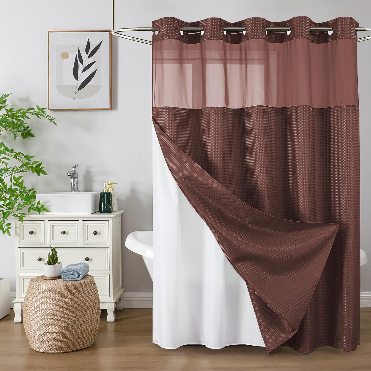 Colorful Star Sage Green No Hook Waffle Shower Curtain Set, 72 x 75 Inch