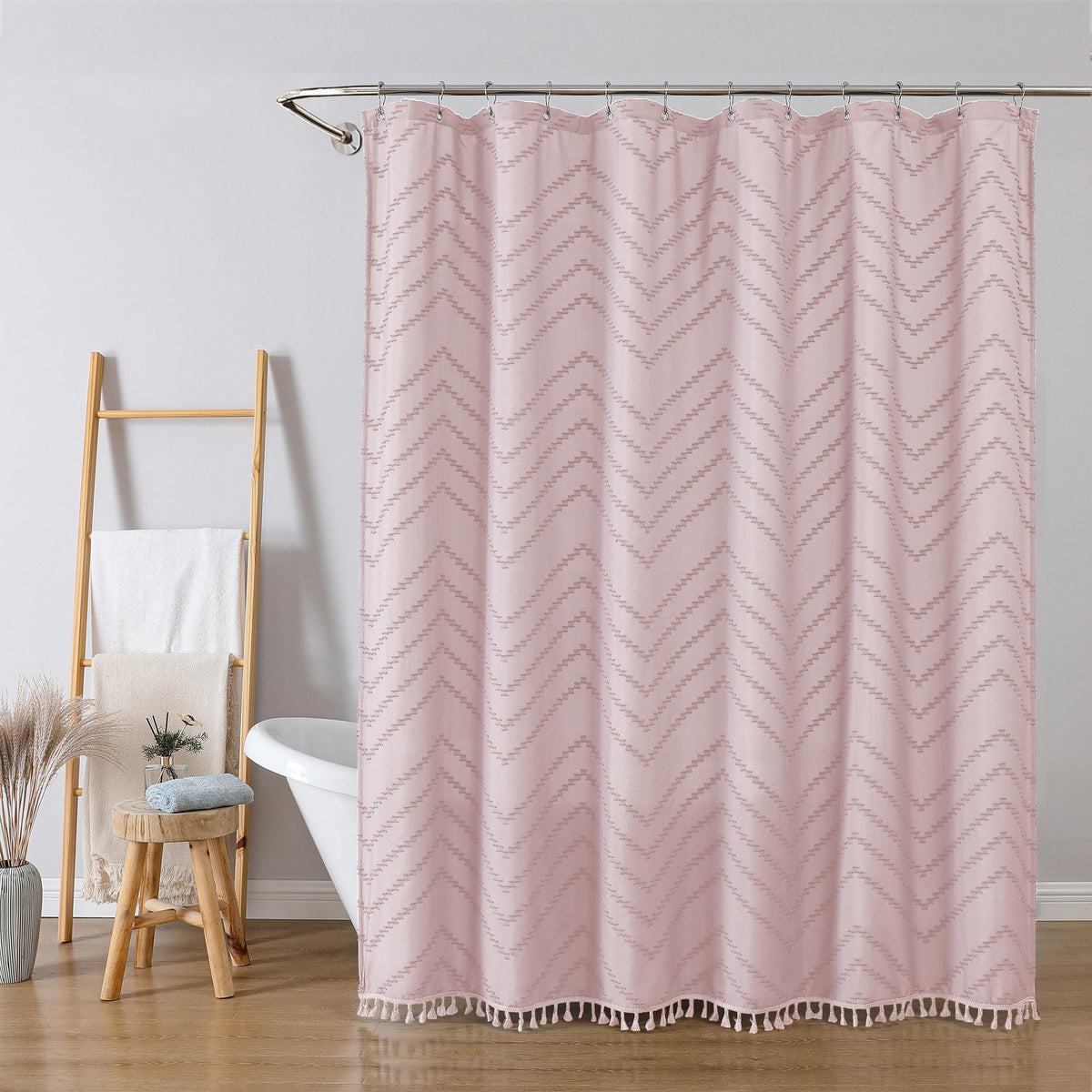 OWENIE Boho Shower Curtain, White Fabric Cloth Shower Curtains Farmhouse Tufted Chevron Striped Textured with Tassel for Bathroom, Soft Hotel Style Modern Minimalist, Machine Washable, 72x72, White