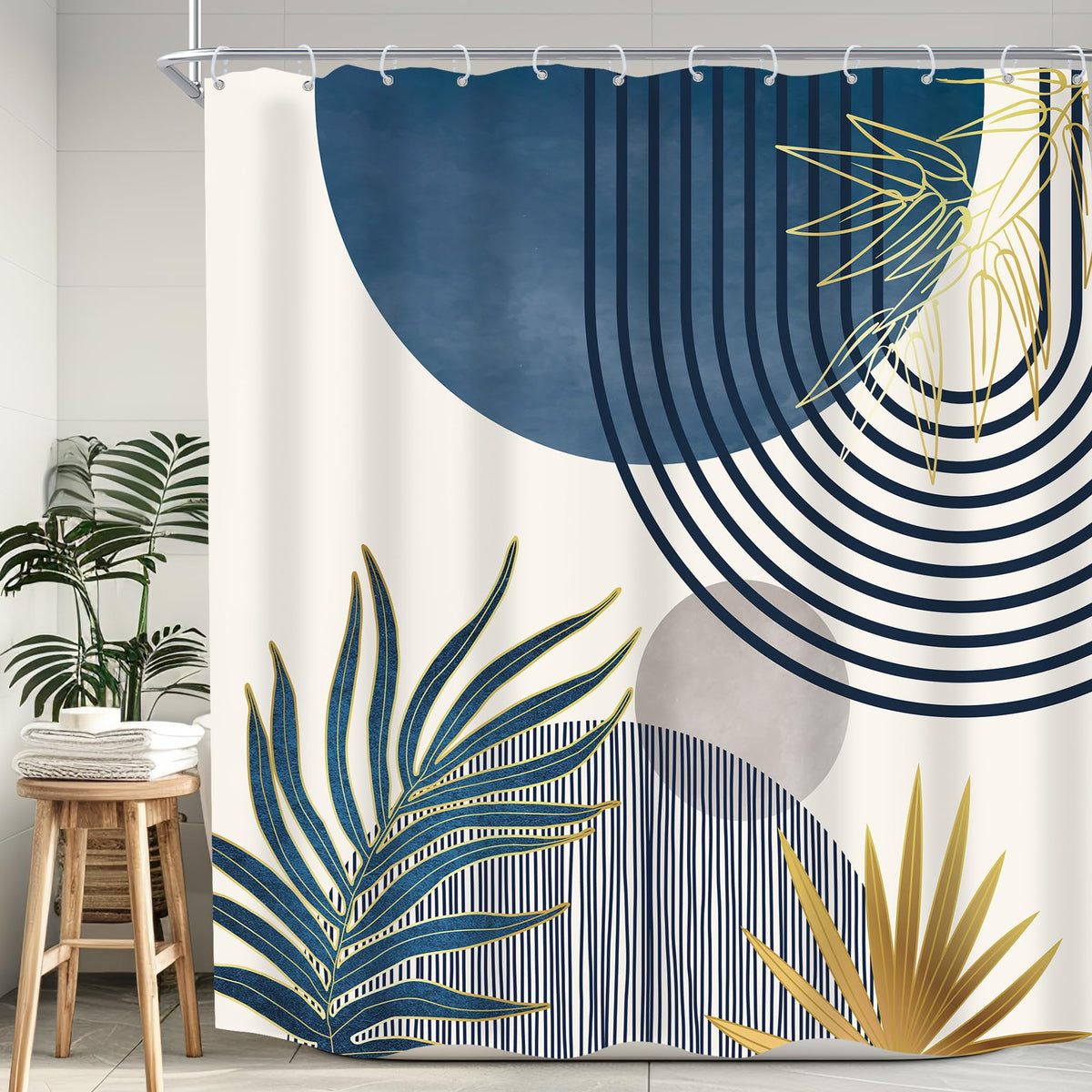 KOMLLEX Mid Century Green Boho Shower Curtain, Abstract Modern Shower Curtains for Bathroom, Plant Botanical Minimalist Leaf Arch Sun Fabric Liner Waterproof Polyester 12 Pack Hooks 60Wx72L Inches