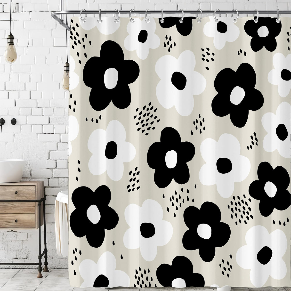 Black Cute Retro Floral Abstract 70s Aesthetic 72W*72H Inch Shower Curtain