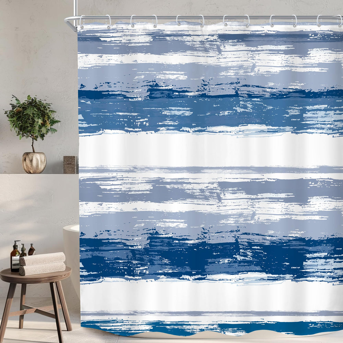Abstract Blue Modern Gray Striped Minimalist Bathroom Shower Curtain Set