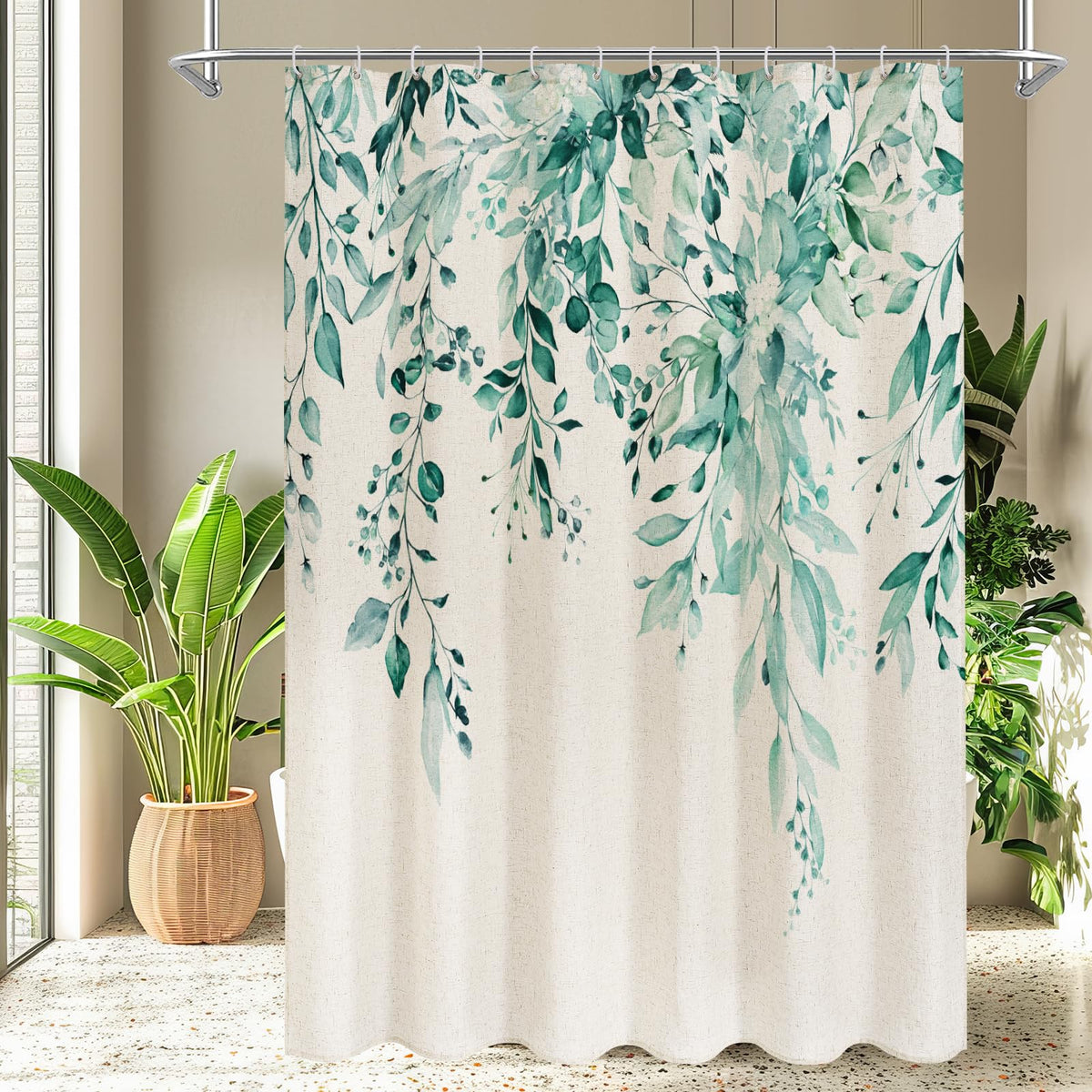 Gibelle SageGreen Linen Eucalyptus Shower Curtain, Watercolor Floral, 72x72
