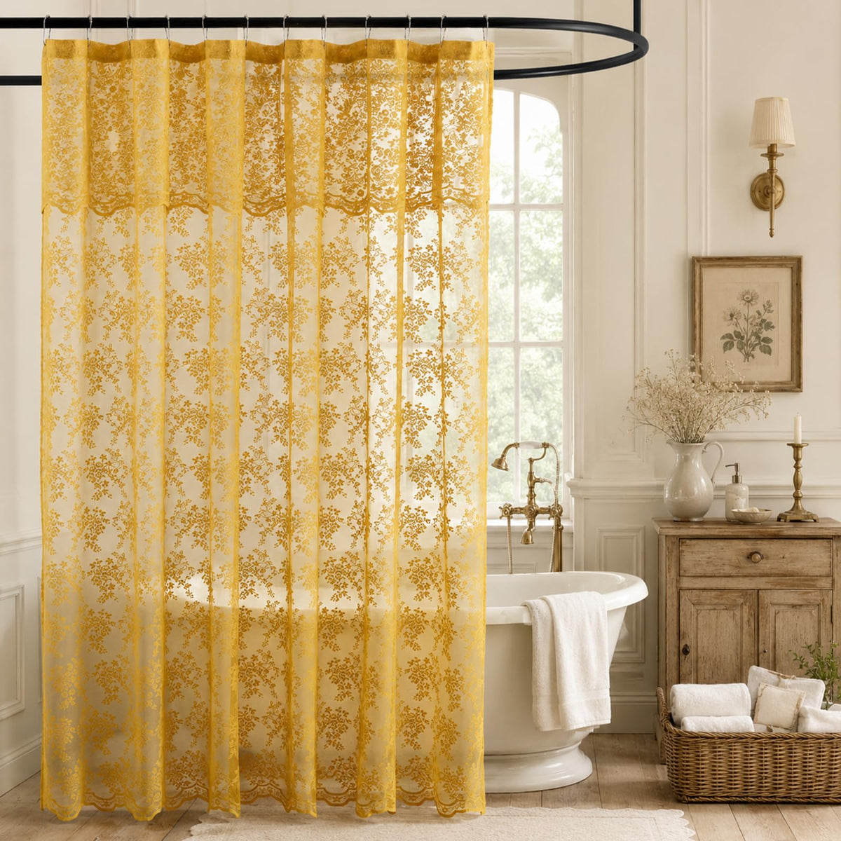 TUDECO Pink Lace Shower Curtain with Attached Valance, 72x72 Inch, 1 Panel
