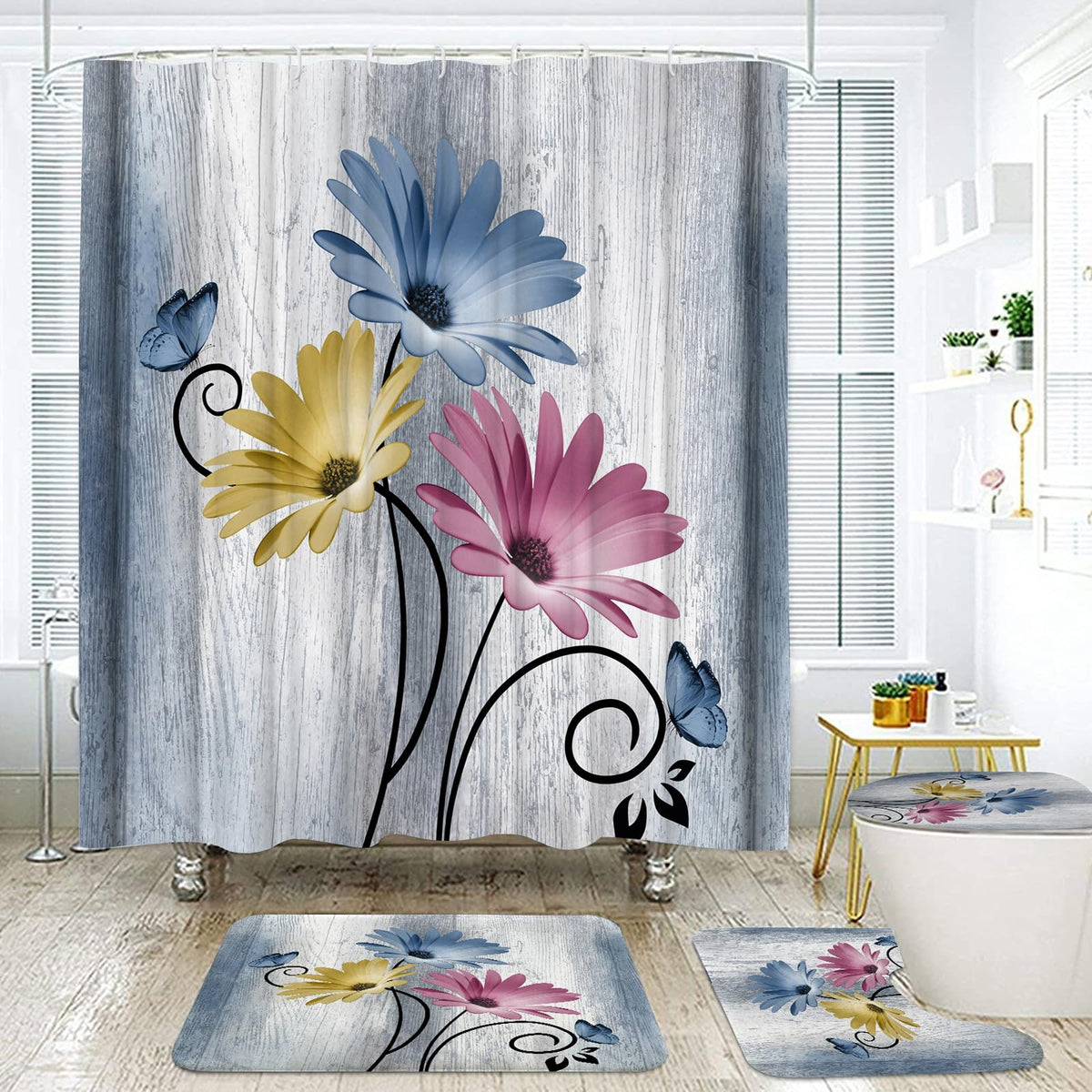 Onalasyc 4PCS Teal Daisy Floral Bathroom Sets with Shower Curtain and Rugs