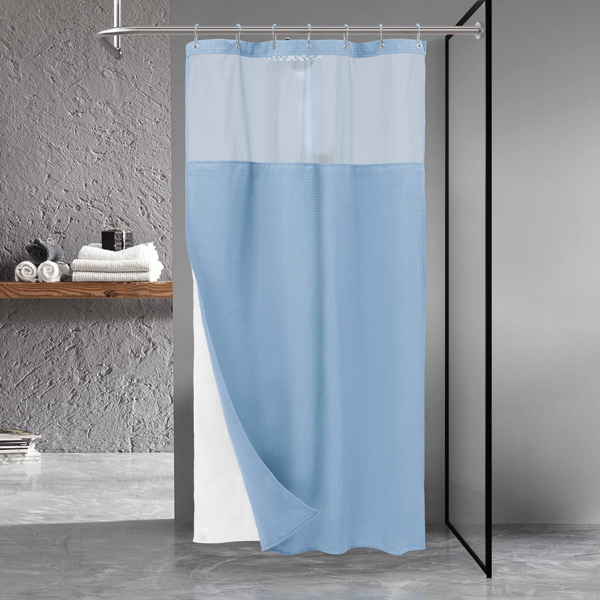 N&Y HOME Waffle Weave Shower Curtain with Snap-in Liner Set Blue, 71x72