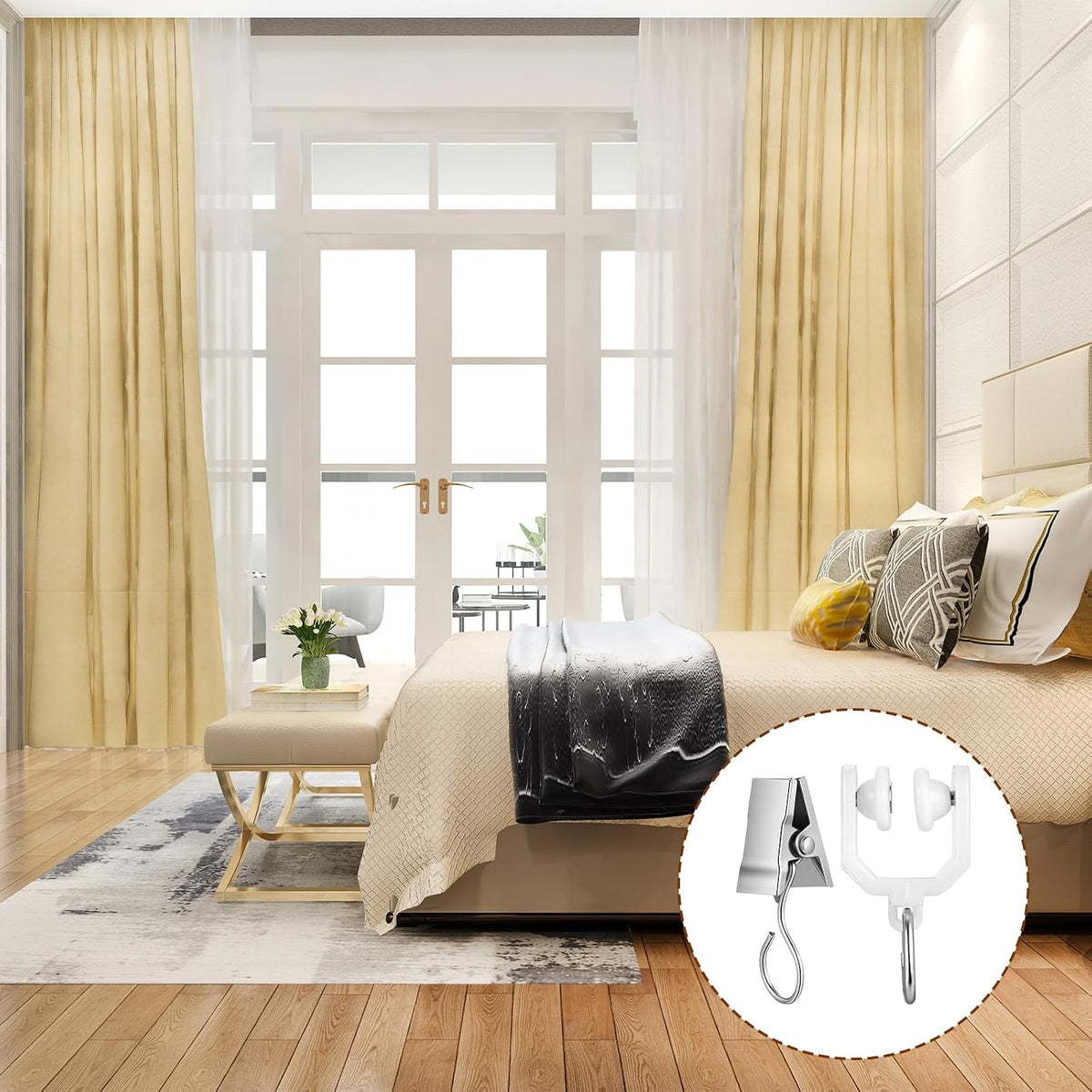 Curtain Track Rollers & Curtain Clips Set, Bulk Ceiling Curtain Track Hooks, Flexible Bendable Clips, Plastic Drapery Rail Gliders and Stainless Steel Hooks for Shower Window, 40Pcs
