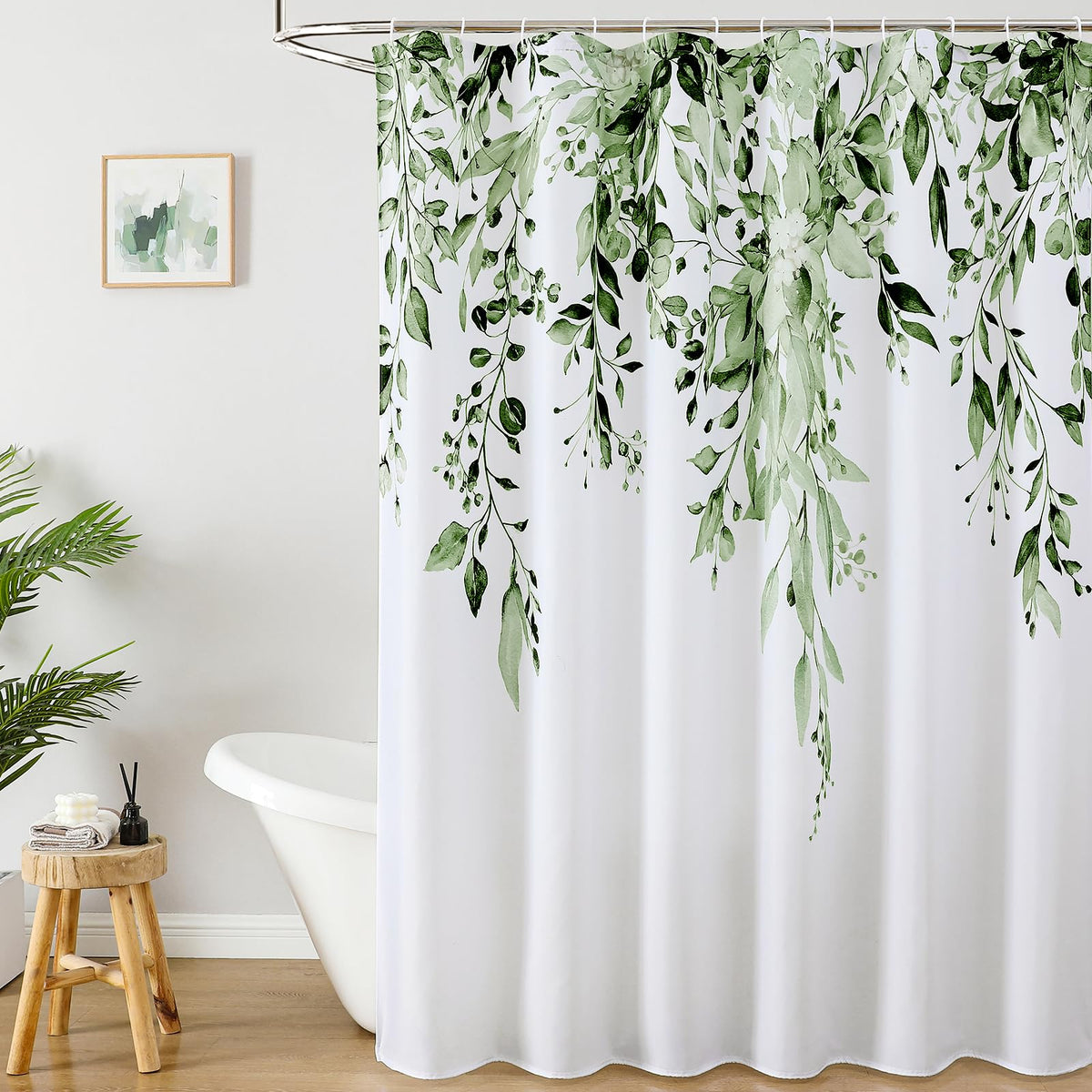 Colorful Star Grey Eucalyptus Floral Shower Curtain with Hooks, 72"W x 84"L
