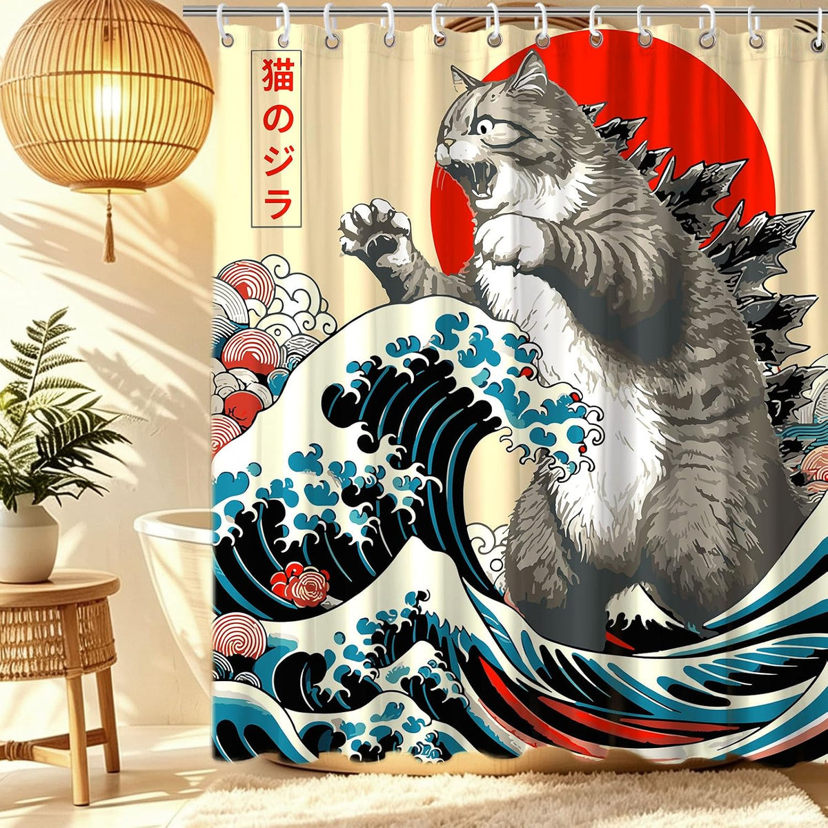 Funny Japanese Cat Funky Anime Japan Bathroom Shower Curtain, 72x72