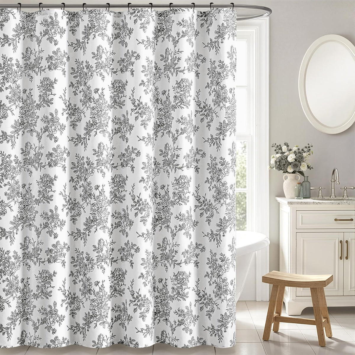 Linen Blue Floral Toile Shower Curtain W72*L72 Inches Long