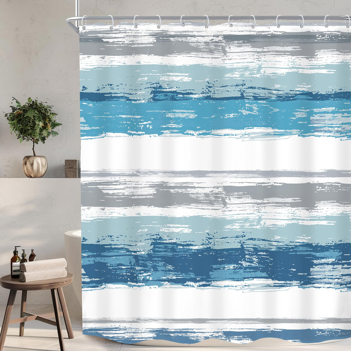 Abstract Blue Modern Gray Striped Minimalist Bathroom Shower Curtain Set