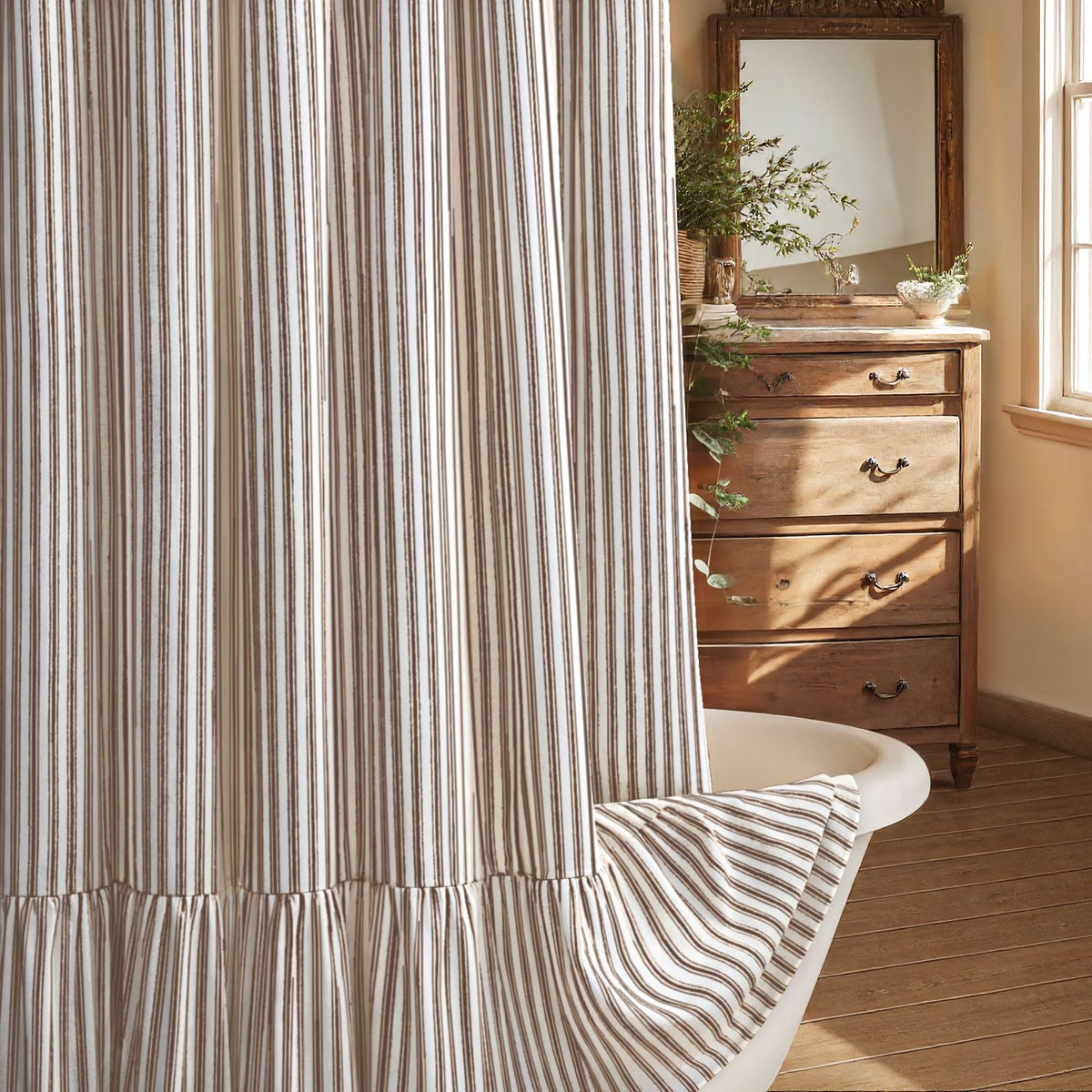 Farmhouse Shower Curtain Ruffle Linen Cream-Green Stripe 72"W x 72"L