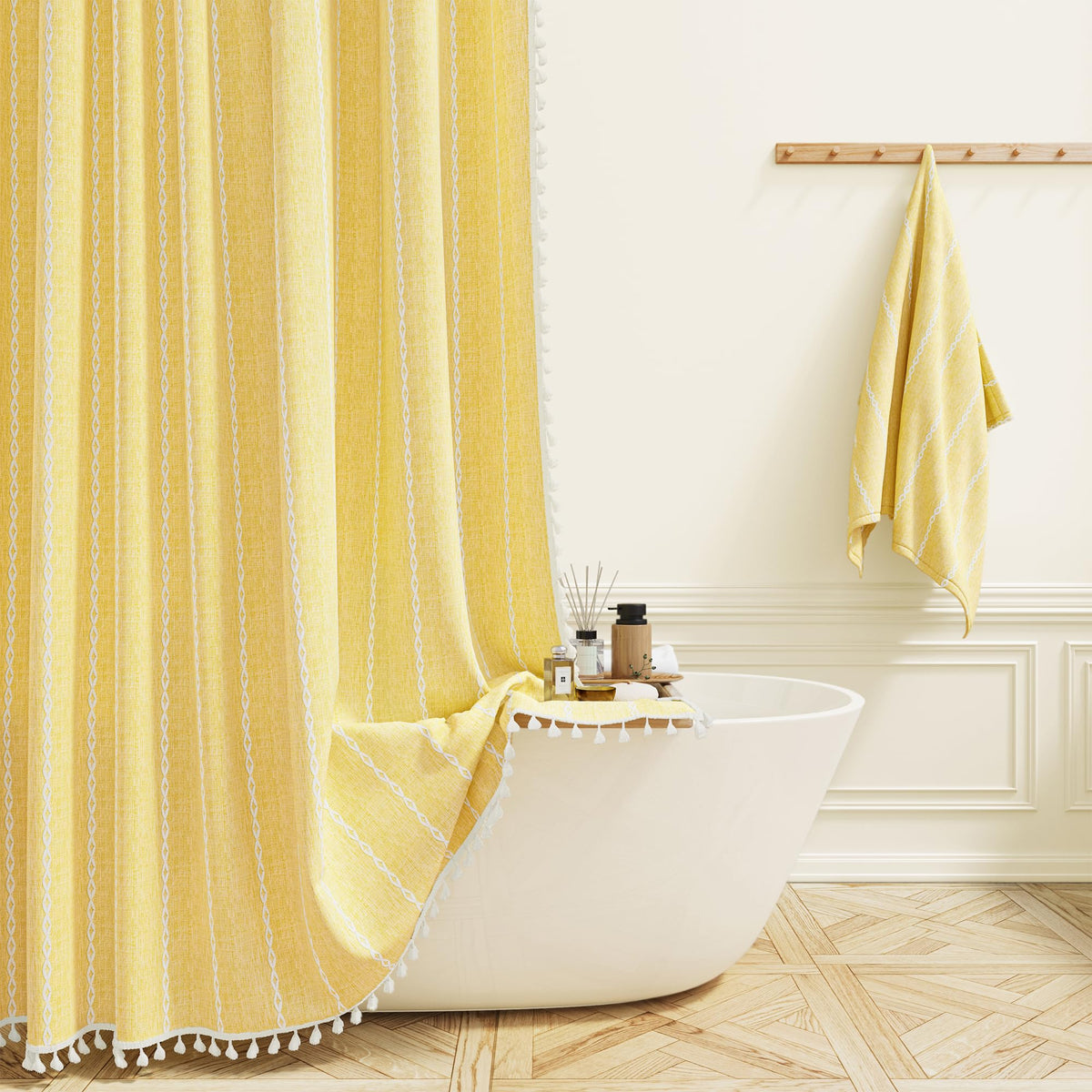 BTTN Cream Boho Farmhouse Linen Heavy Duty Shower Curtain Set, 72x72, Beige
