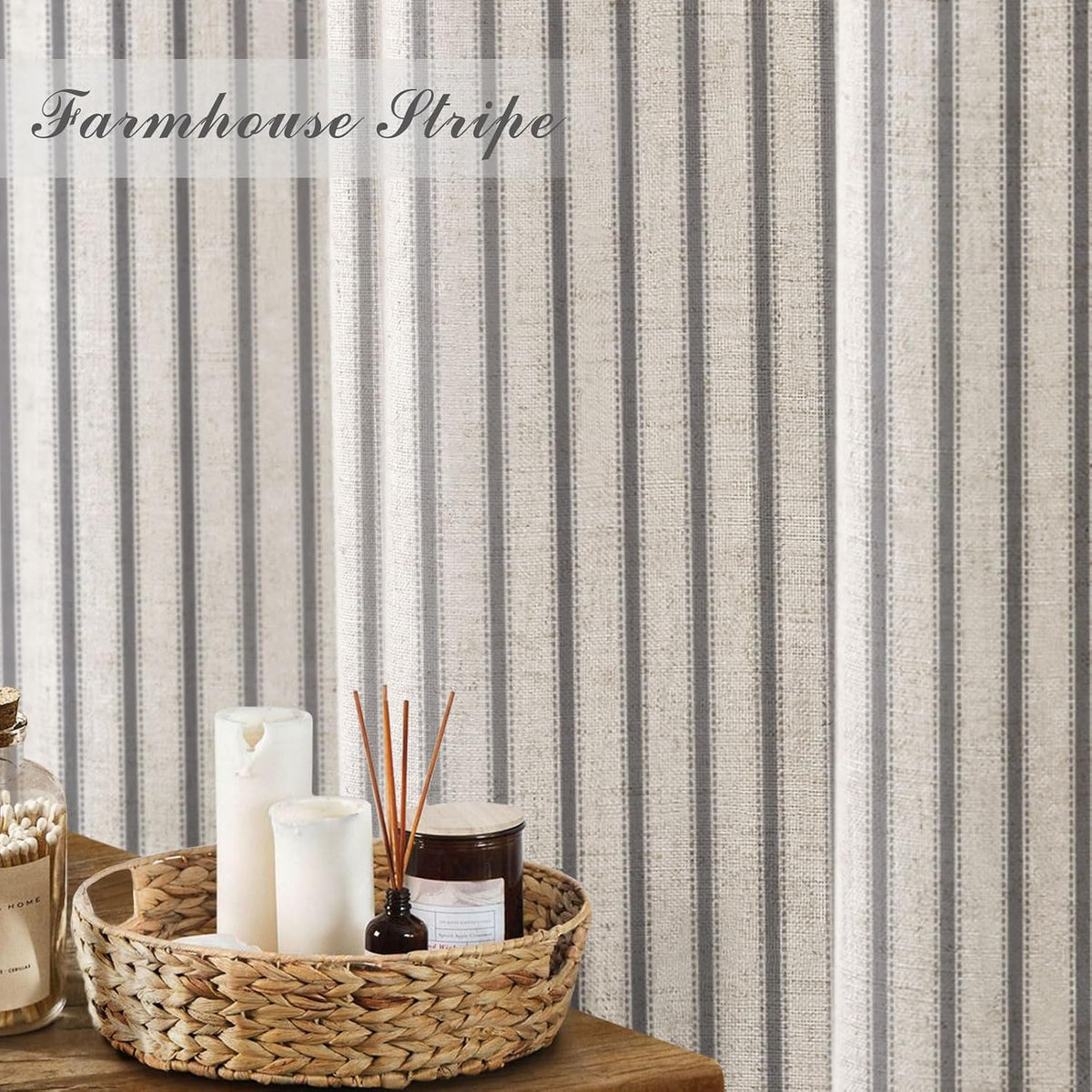 Farmhouse Striped Shower Curtain Grey Vintage Linen Curtain 72"W X 72"L