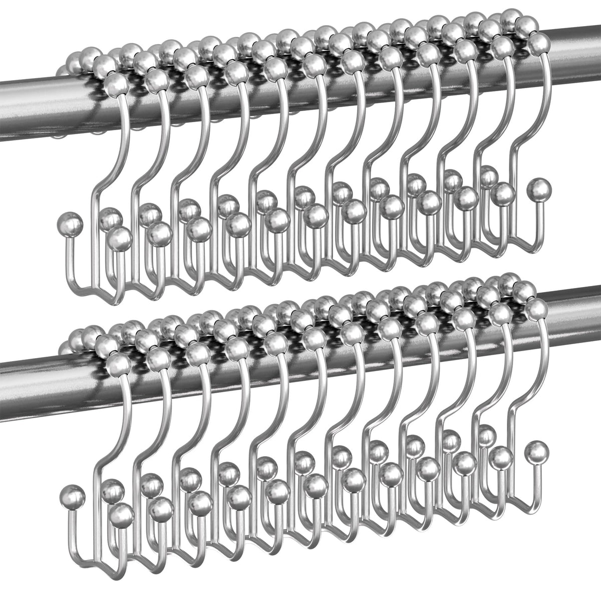 Titanker Shower Curtain Hooks Rings, Rust Resistant Metal Double Glide Shower Hooks Rings for Bathroom Shower Rods Curtains, Set of 12 Hooks - Nickel