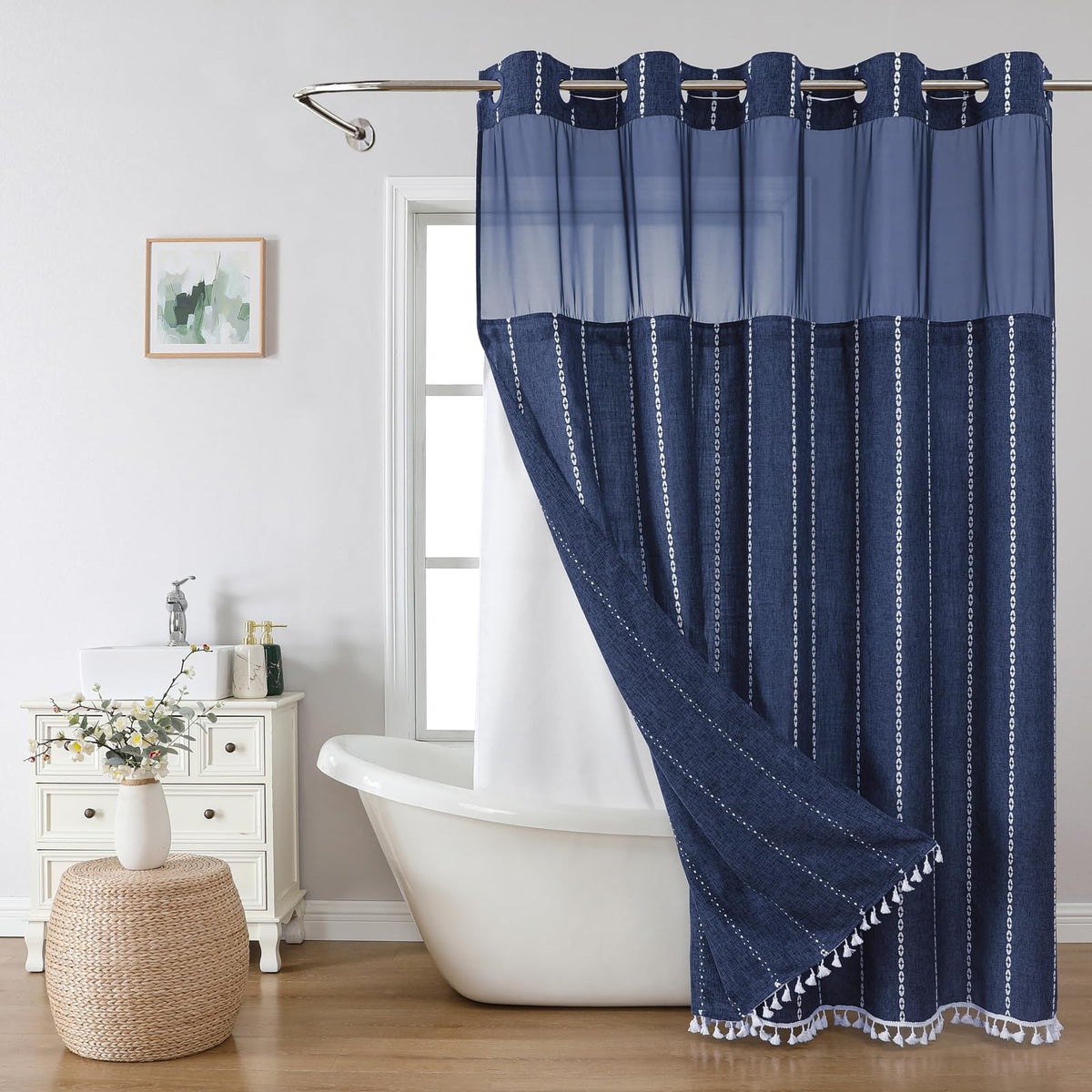 eachope Boho Farmhouse No Hook Shower Curtain Set with Snap-in Fabric Liner,Heavy-Duty Linen Textured Rustic Striped Design,Water-Repellent with Tassels and Sheer Window,Tan/Taupe,71x74