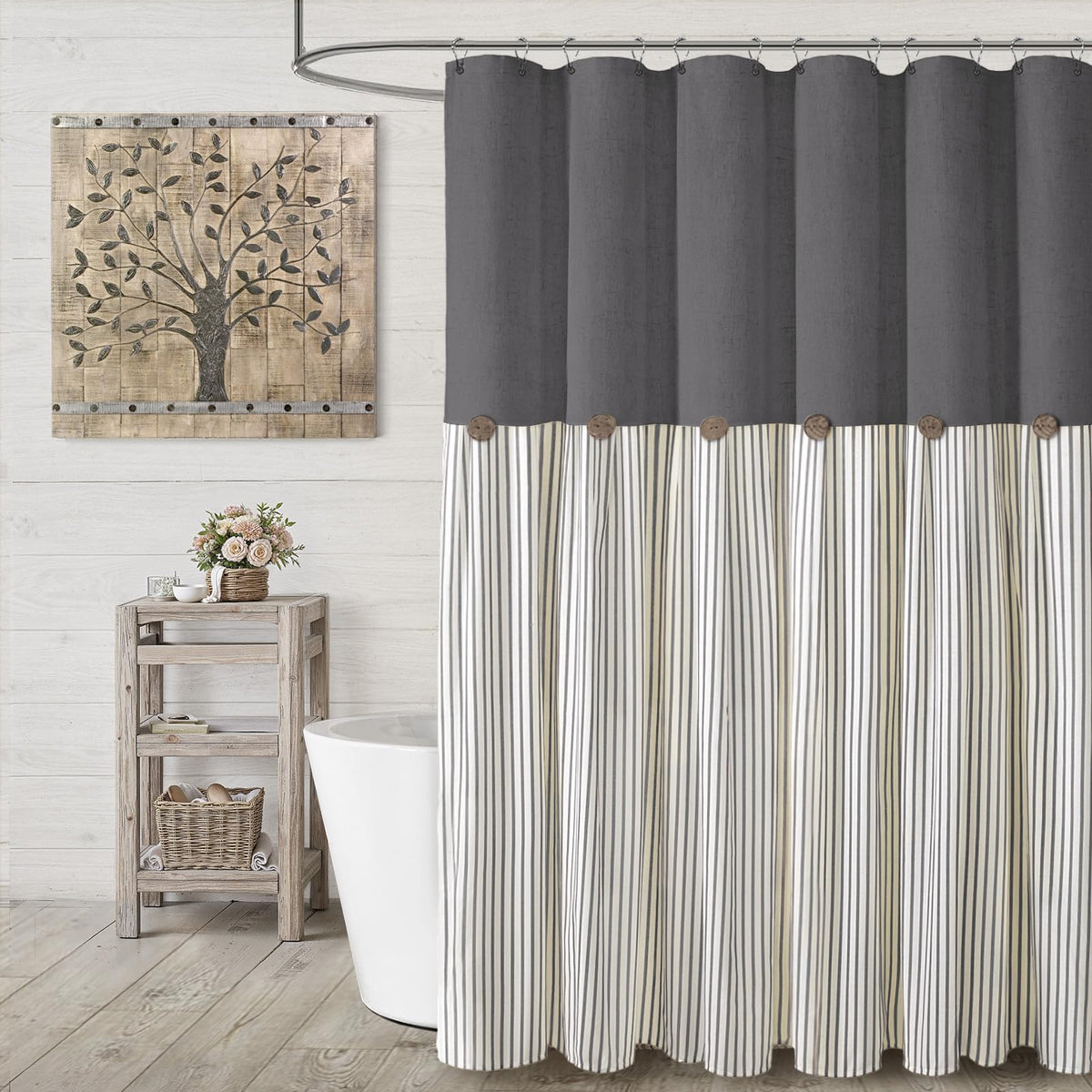 Farmhouse Shower Curtain Linen Beige Button Brown Stripe 72"W x 72"L