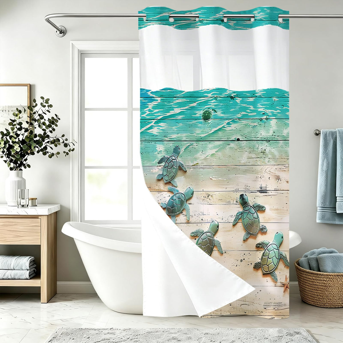 Nautical Green Sea Turtles Beach Theme Fabric Shower Curtain Sets Bathroom Blue Ocean Decor with Grommets and Hooks - 72 x 72 Inch Teal