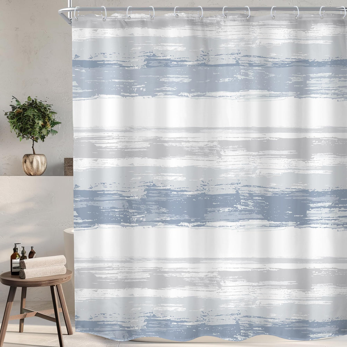 Abstract Blue Modern Gray Striped Minimalist Bathroom Shower Curtain Set