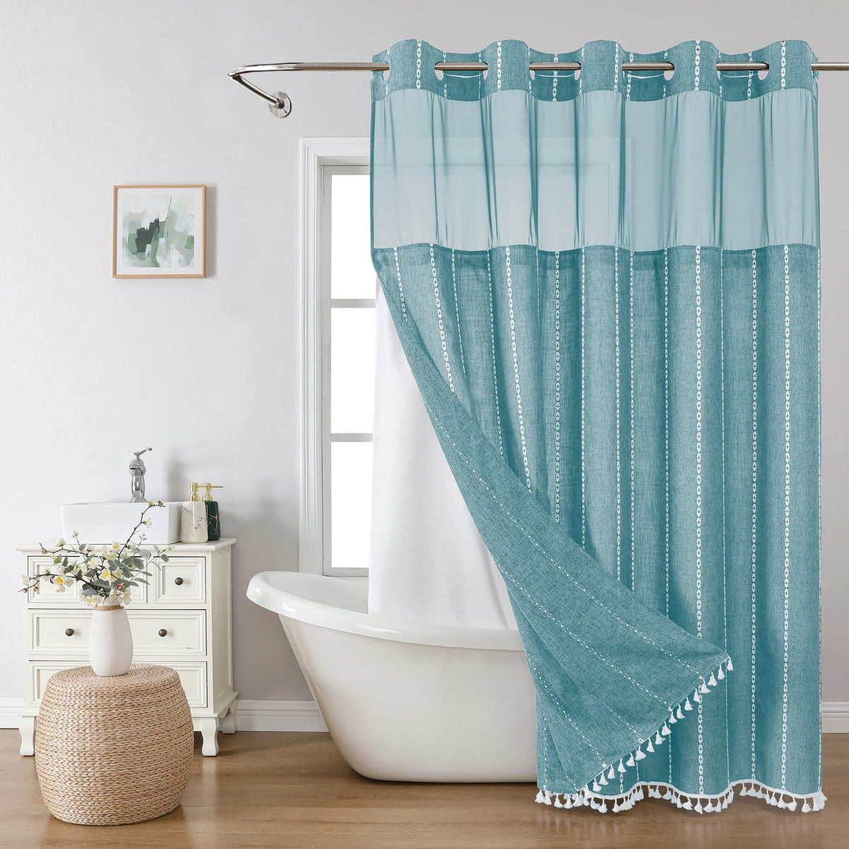 eachope Boho Farmhouse No Hook Shower Curtain Set with Snap-in Fabric Liner,Heavy-Duty Linen Textured Rustic Striped Design,Water-Repellent with Tassels and Sheer Window,Tan/Taupe,71x74